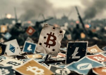 Logos de varias criptomonedas en un escenario bélico.