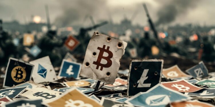 Logos de varias criptomonedas en un escenario bélico.