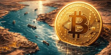 Una moneda física de bitcoin en el estremo de Ormuz.