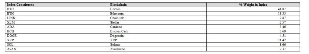 Composición del índice de referencia de un ETF de activos digitales.