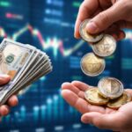 Manos intercambiando dólares estadounidenses por monedas físicas de Ethereum frente a un fondo de gráficos bursátiles.