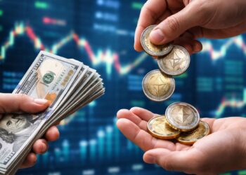 Manos intercambiando dólares estadounidenses por monedas físicas de Ethereum frente a un fondo de gráficos bursátiles.