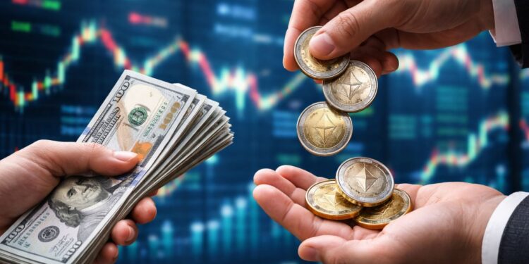 Manos intercambiando dólares estadounidenses por monedas físicas de Ethereum frente a un fondo de gráficos bursátiles.