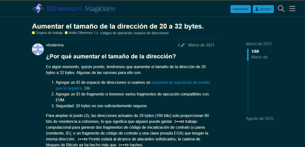 Datos de una propuesta de desarrollo para la red Ethereum.