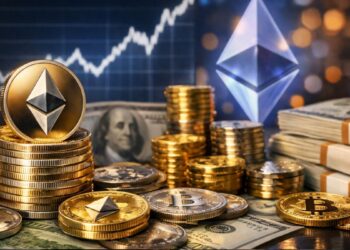 Monedas físicas de ether sobre dólares con gráfico financiero de fondo.