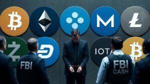 Un hombre esposado con criptomonedas alrededor y funcionarios del FBI.