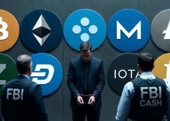 Un hombre esposado con criptomonedas alrededor y funcionarios del FBI.