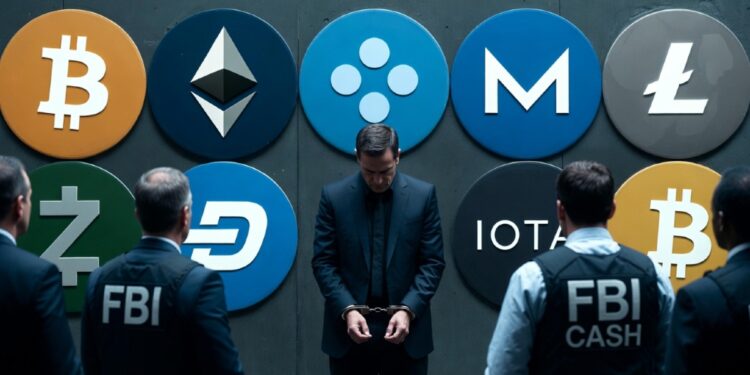 Un hombre esposado con criptomonedas alrededor y funcionarios del FBI.