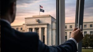 Una hombre mirando a el edificio de la Reserva Federal de Estados Unidos.