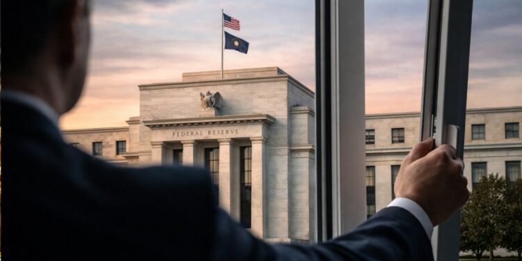 Una hombre mirando a el edificio de la Reserva Federal de Estados Unidos.