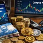 Computadoras y monitores que reflejan acciones tokenizadas, pesos chilenos, criptomonedas, en un ambiente de inversiones y dinero.