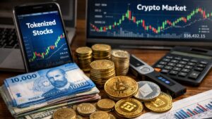 Computadoras y monitores que reflejan acciones tokenizadas, pesos chilenos, criptomonedas, en un ambiente de inversiones y dinero.