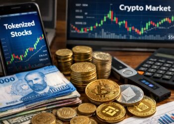 Computadoras y monitores que reflejan acciones tokenizadas, pesos chilenos, criptomonedas, en un ambiente de inversiones y dinero.