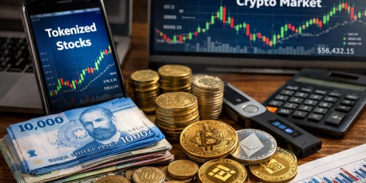 Computadoras y monitores que reflejan acciones tokenizadas, pesos chilenos, criptomonedas, en un ambiente de inversiones y dinero.