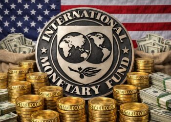 Logo del FMI con monedas que dicen "STABLECOIN", y dólares alrededor, con la bandera de EE. UU. de fondo.