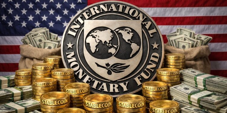 Logo del FMI con monedas que dicen "STABLECOIN", y dólares alrededor, con la bandera de EE. UU. de fondo.
