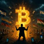 Silueta dramática de un funcionario de gobierno latinoamericano arrodillándose ante un enorme símbolo Bitcoin que rompe cadenas de dólar, banderas de LATAM ondeando, ciudadanos con celulares abajo, estilo oscuro y cinematográfico, tonos negro-dorado, mensaje de rendición