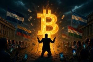 Silueta dramática de un funcionario de gobierno latinoamericano arrodillándose ante un enorme símbolo Bitcoin que rompe cadenas de dólar, banderas de LATAM ondeando, ciudadanos con celulares abajo, estilo oscuro y cinematográfico, tonos negro-dorado, mensaje de rendición