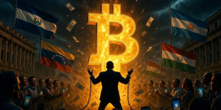 Silueta dramática de un funcionario de gobierno latinoamericano arrodillándose ante un enorme símbolo Bitcoin que rompe cadenas de dólar, banderas de LATAM ondeando, ciudadanos con celulares abajo, estilo oscuro y cinematográfico, tonos negro-dorado, mensaje de rendición