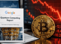 En primer plano: informe de Google sobre computación cuántica. En el fondo: moneda de bitcoin con gráficos de precio cayendo.