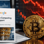 En primer plano: informe de Google sobre computación cuántica. En el fondo: moneda de bitcoin con gráficos de precio cayendo.