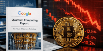 En primer plano: informe de Google sobre computación cuántica. En el fondo: moneda de bitcoin con gráficos de precio cayendo.