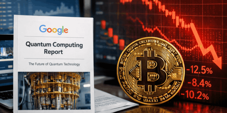 En primer plano: informe de Google sobre computación cuántica. En el fondo: moneda de bitcoin con gráficos de precio cayendo.