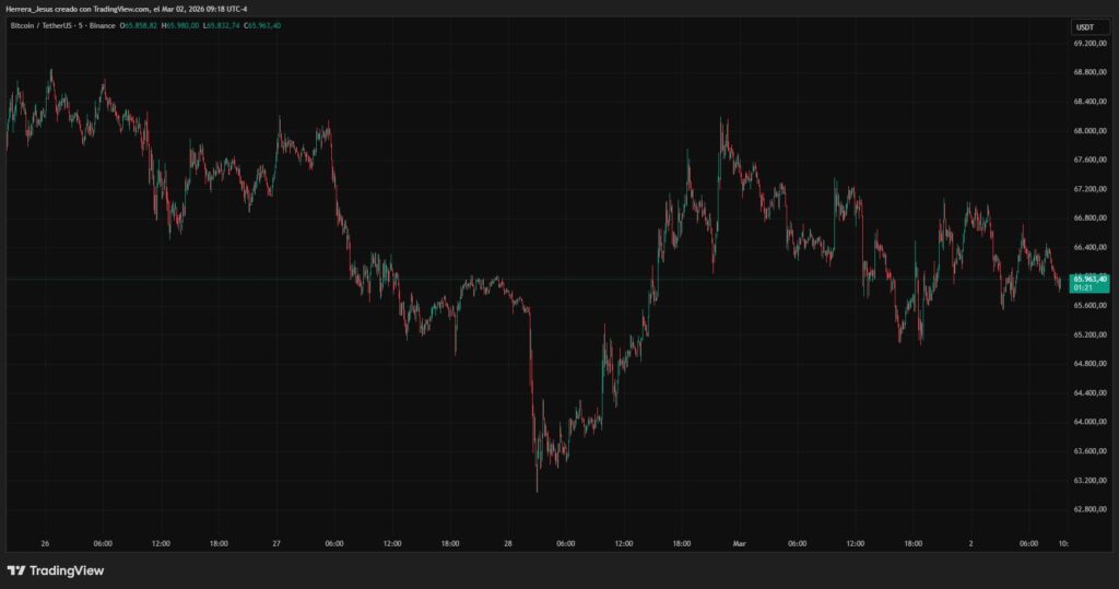 Gráfica de velas rojas y verdes que reflejan el precio de bitcoin.