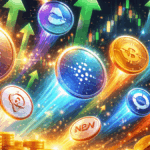 Muchas criptomonedas y tokens con flechas hacia arriba que dan la idea de subida de precio.