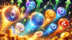 Muchas criptomonedas y tokens con flechas hacia arriba que dan la idea de subida de precio.