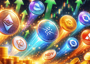 Muchas criptomonedas y tokens con flechas hacia arriba que dan la idea de subida de precio.