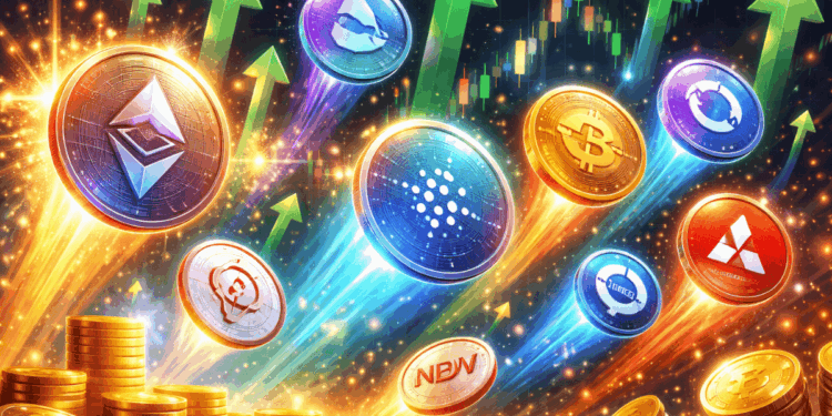 Muchas criptomonedas y tokens con flechas hacia arriba que dan la idea de subida de precio.