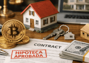 Sobre una mesa hay un contrato hipotecario aprobado, una maqueta de una casa, billetes de dólar y una moneda de bitcoin.