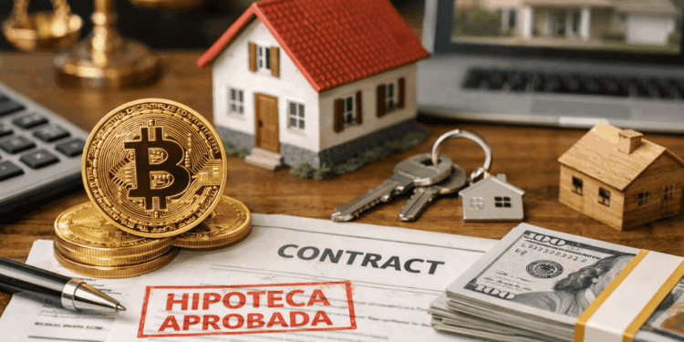 Sobre una mesa hay un contrato hipotecario aprobado, una maqueta de una casa, billetes de dólar y una moneda de bitcoin.