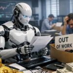 Un robot en una oficina revisando documentos reemplazando el puesto de un humano. Está sobre un escritorio que tiene monedas físicas de bitcoin.