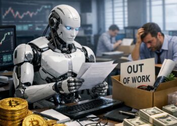 Un robot en una oficina revisando documentos reemplazando el puesto de un humano. Está sobre un escritorio que tiene monedas físicas de bitcoin.