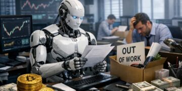 Un robot en una oficina revisando documentos reemplazando el puesto de un humano. Está sobre un escritorio que tiene monedas físicas de bitcoin.