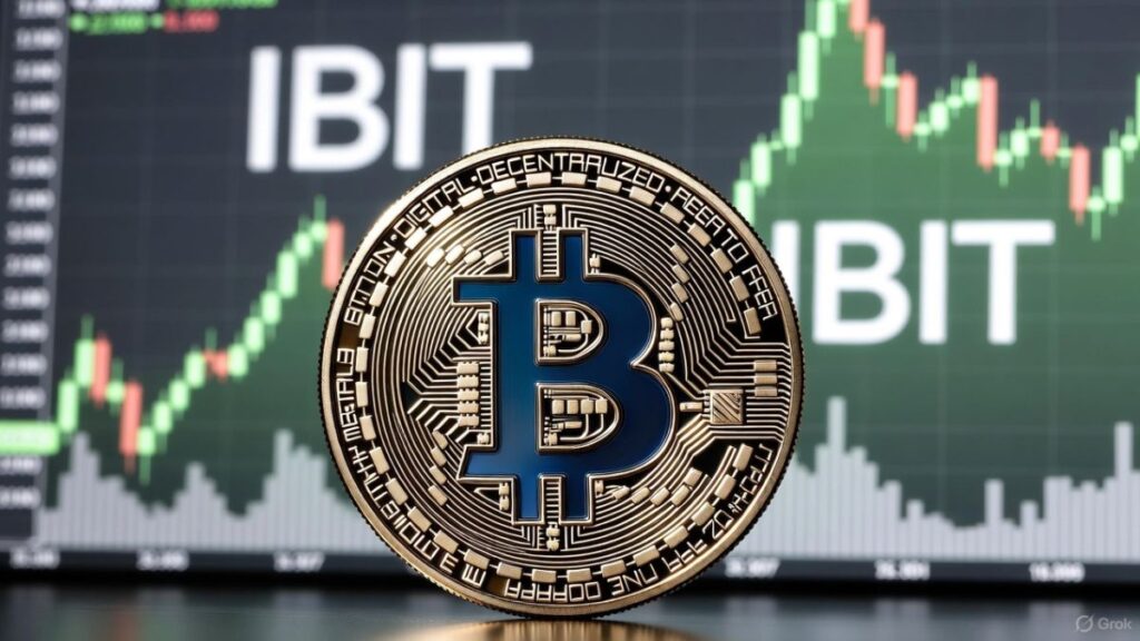 Una moneda física de bitcoin dorada y al fondo aparece una pantalla de trading con un gráfico alcista en tonos verdes.