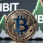 Una moneda física de bitcoin dorada y al fondo aparece una pantalla de trading con un gráfico alcista en tonos verdes.