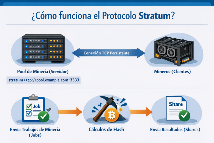 Infografía que muestra cómo funciona el protocolo Stratum en la minería de Bitcoin. Un pool de minería (servidor) se conecta mediante una conexión TCP persistente con múltiples mineros (clientes). El pool envía trabajos de minería (jobs) que contienen datos del bloque, hash del bloque anterior, información de la transacción coinbase y parámetros de dificultad.