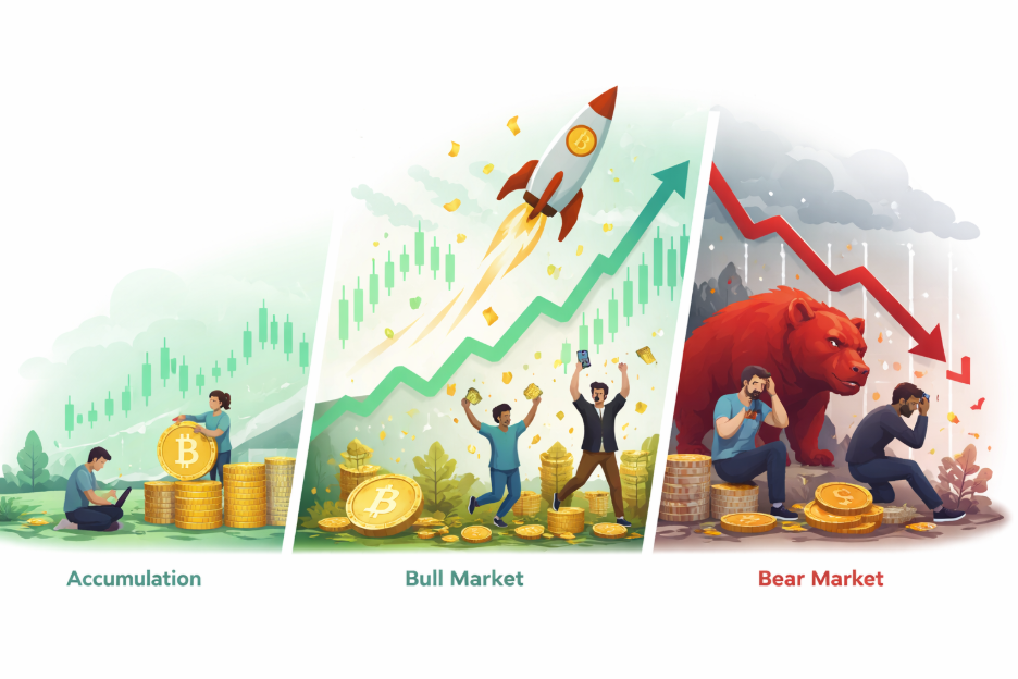 Infografía que representa con ilustraciones los periódos de acumulación, mercado alcista y mercado bajista.