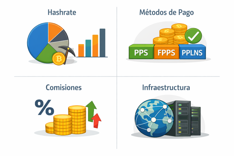 Infografía que compara pools de minería de Bitcoin en 2026, mostrando cuatro secciones: Hashrate con gráficos de barras y pastel, Métodos de Pago con bloques etiquetados PPS, FPPS y PPLNS, Comisiones con porcentaje y monedas apiladas, e Infraestructura con un globo terráqueo conectado a servidores.