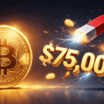 Una moneda fรญsica de bitcoin junto a un imรกn y el nรบmero 75.000