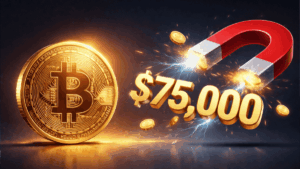 Una moneda física de bitcoin junto a un imán y el número 75.000