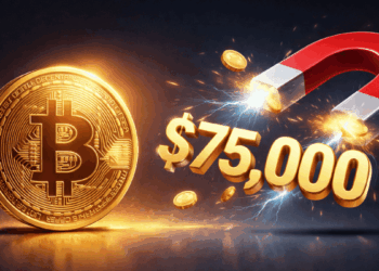 Una moneda física de bitcoin junto a un imán y el número 75.000