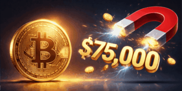 Una moneda física de bitcoin junto a un imán y el número 75.000