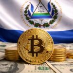 Moneda fรญsica de bitcoin dorada con la bandera de El Salvador en el fondo y con dinero alrededor.
