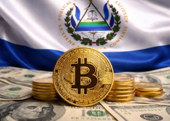 Moneda física de bitcoin dorada con la bandera de El Salvador en el fondo y con dinero alrededor.
