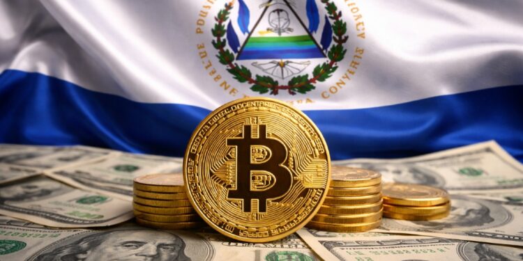 Moneda física de bitcoin dorada con la bandera de El Salvador en el fondo y con dinero alrededor.