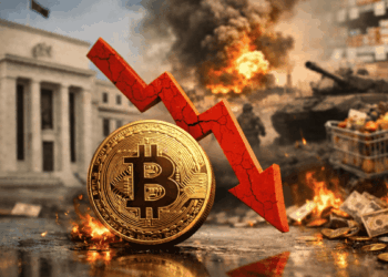 En primer plano una moneda de bitcoin y una flecha roja hacia abajo. En el fondo, edificio de la FED, imágenes de guerra en irán y billetes de dólar quemándose.